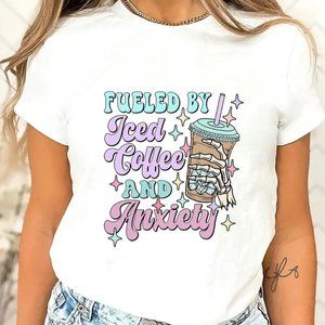 {NEW} Iced Coffee & Anxiety Print T-Shirt Short Sleeve White XL